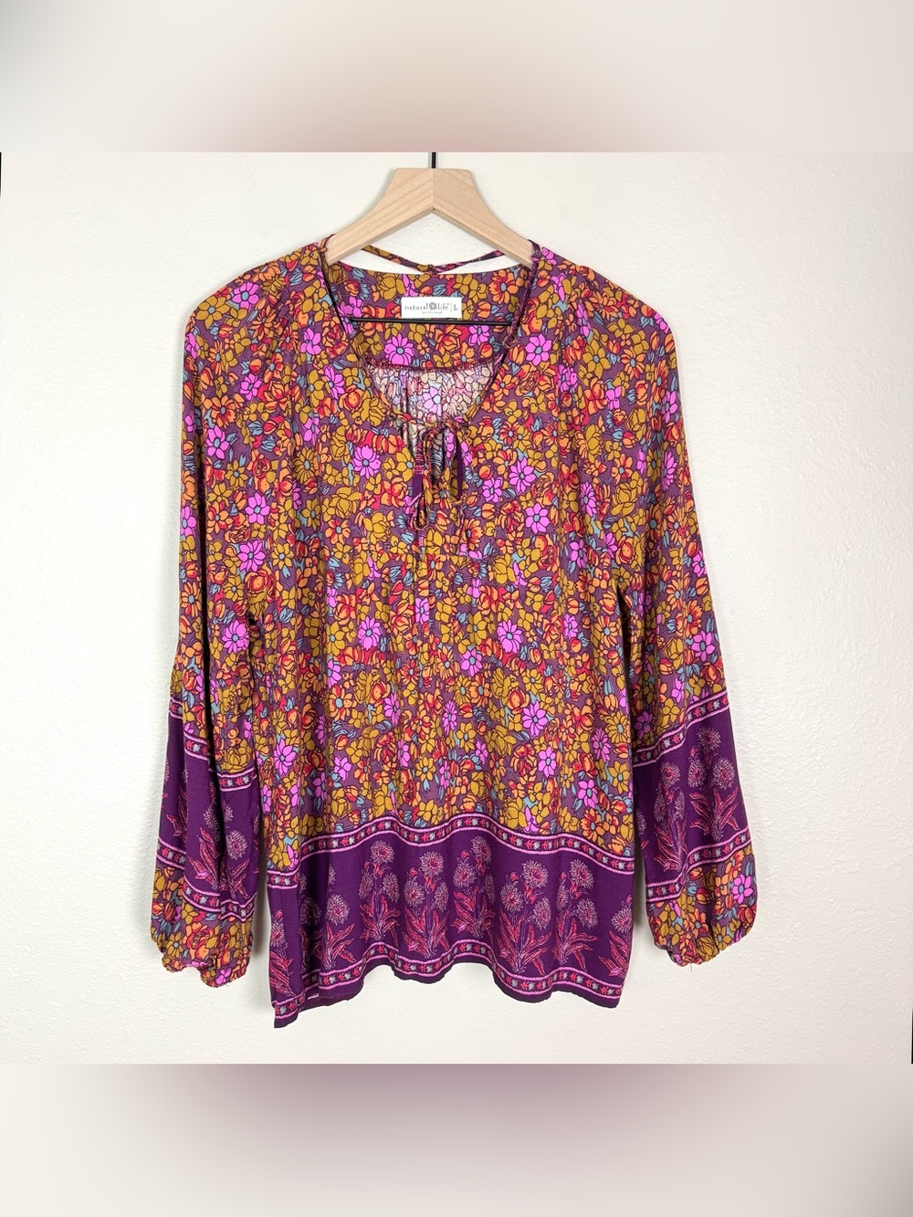 Natural Life Rowan Top Boho Floral Peasant Blouse Plum Lush Lillies Purple Large - Picture 3 of 8